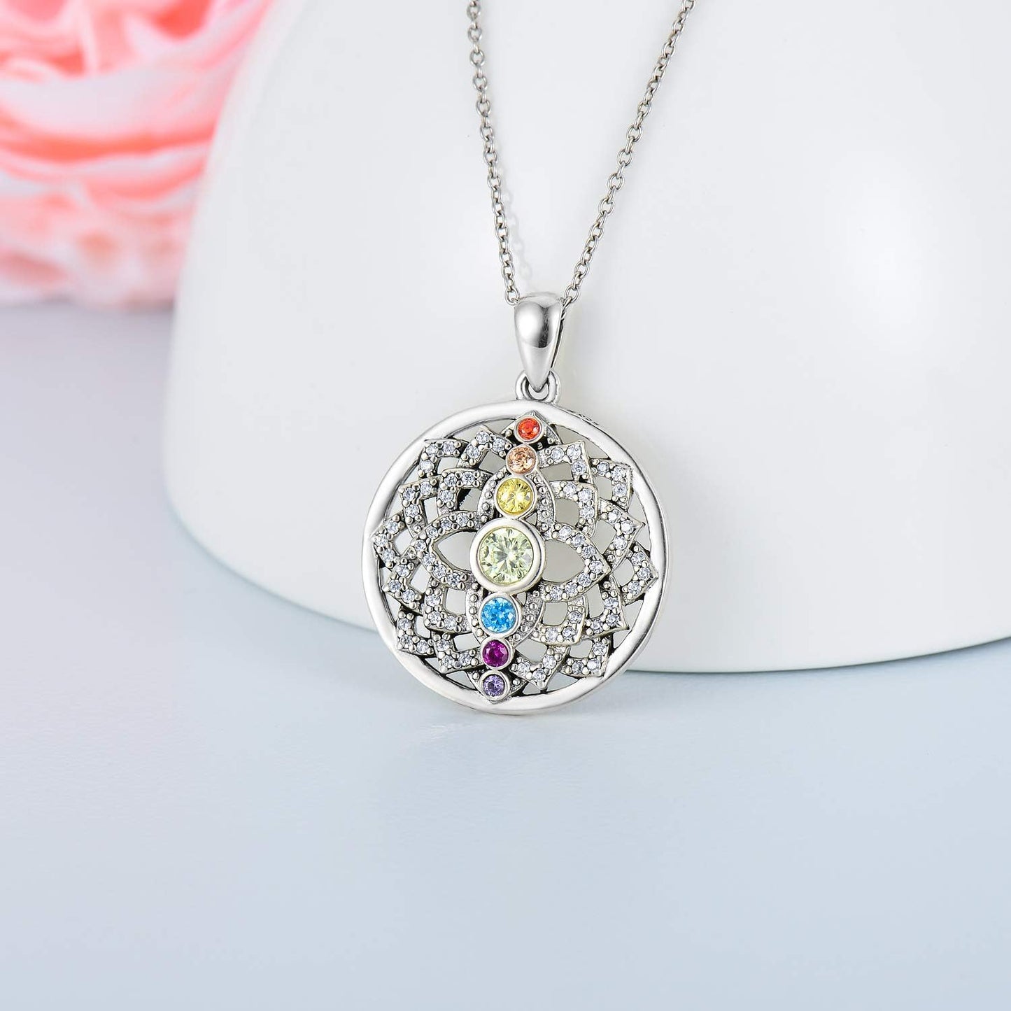 Lotus Necklace Sterling Silver Yoga 7 Chakra Pendant Necklace Spiritual Jewelry for Women