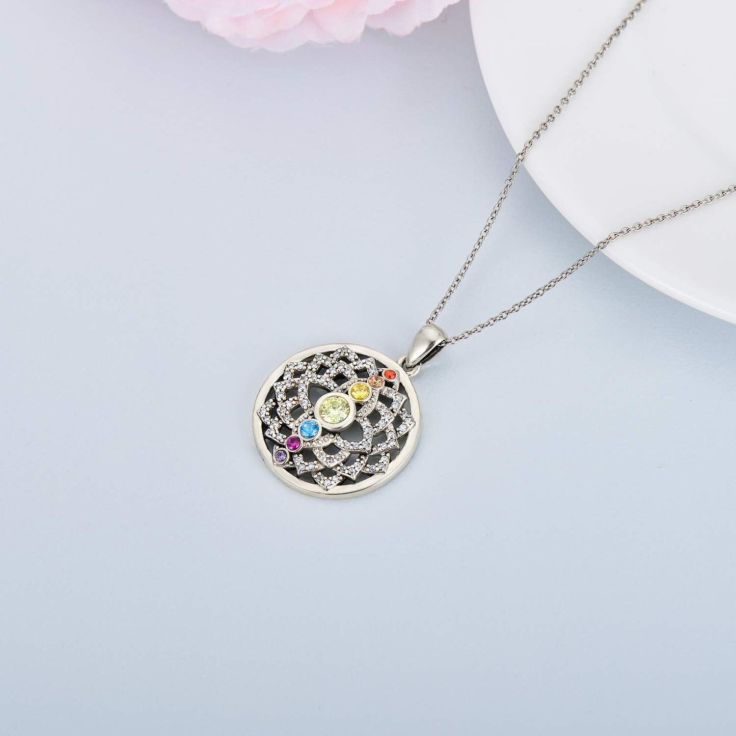 Lotus Necklace Sterling Silver Yoga 7 Chakra Pendant Necklace Spiritual Jewelry for Women