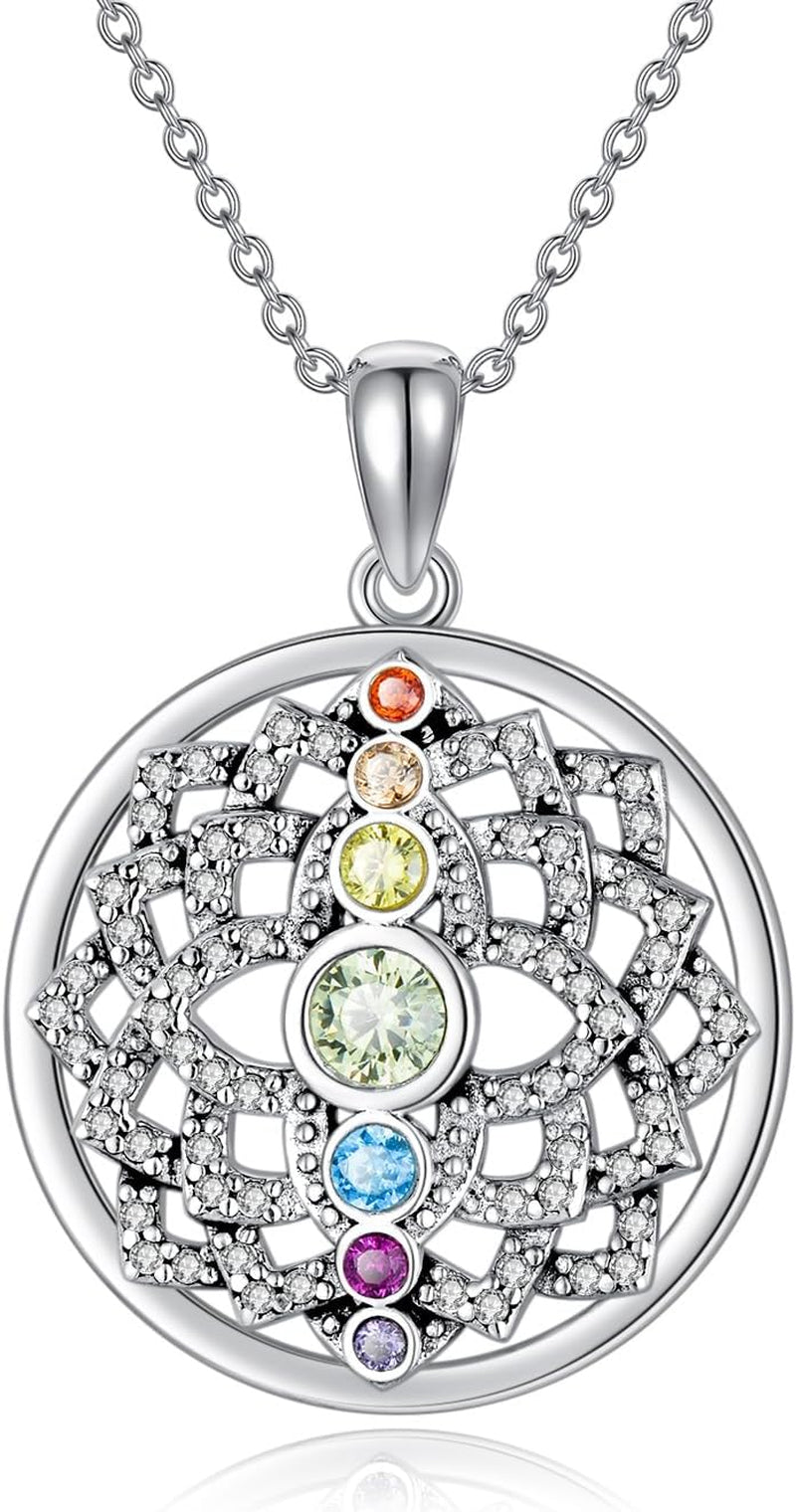 Lotus Necklace Sterling Silver Yoga 7 Chakra Pendant Necklace Spiritual Jewelry for Women