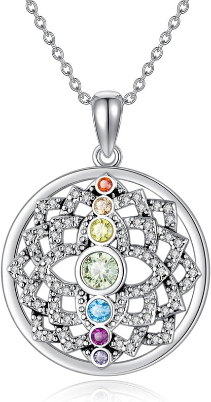 Lotus Necklace Sterling Silver Yoga 7 Chakra Pendant Necklace Spiritual Jewelry for Women