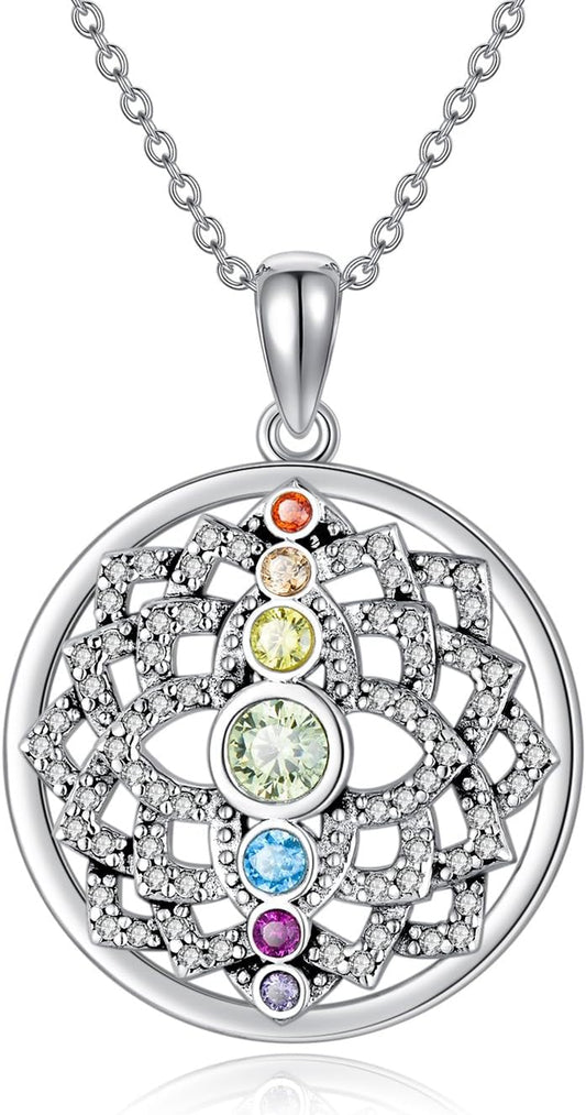 Lotus Necklace Sterling Silver Yoga 7 Chakra Pendant Necklace Spiritual Jewelry for Women