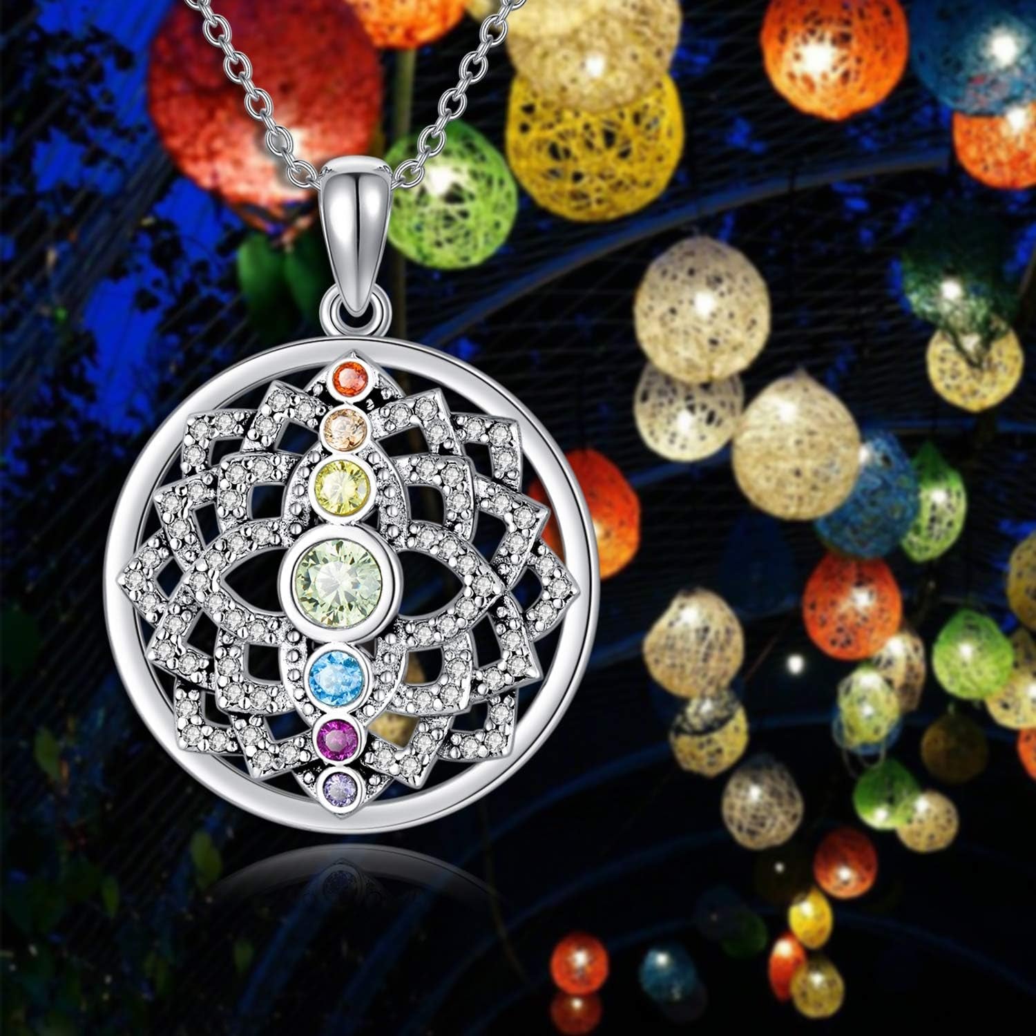 Lotus Necklace Sterling Silver Yoga 7 Chakra Pendant Necklace Spiritual Jewelry for Women
